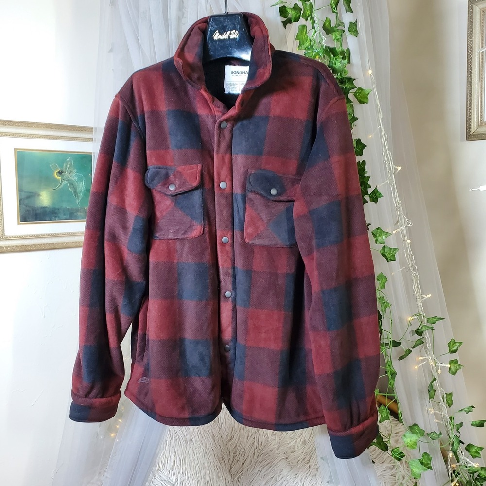 Sonoma Sherpa Jacket Buffalo Plaid Men's L Red Black‎ Lined Full Zip Cabincore